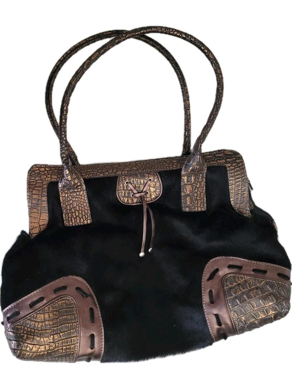 CAVALCANTI Leather Black Cow Hide Fur Western Satchel Bag Crocodile Zipper Italy
